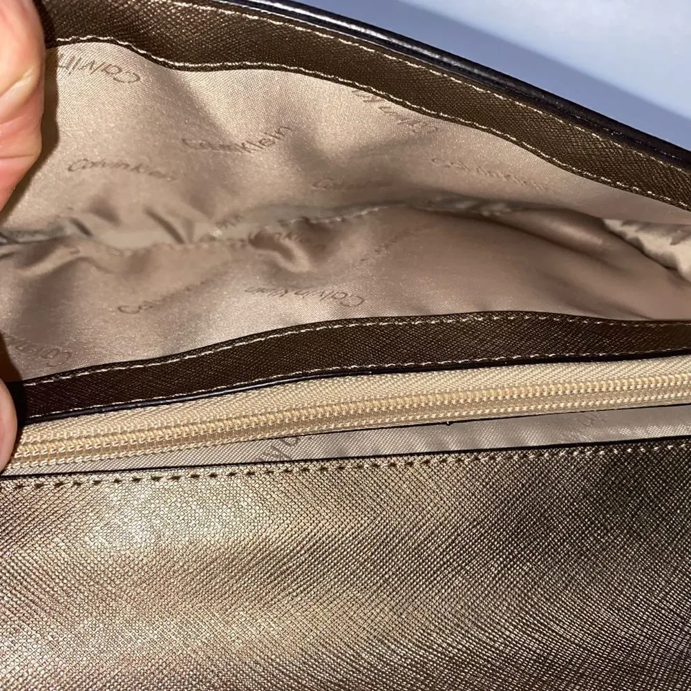 Calvin Klein Saffiano Leather Shoulder Purse Gold Small